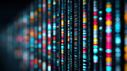 futuristic visualization of digital DNA strands glowing in vibrant colors, symbolizing genetic data, advanced bioinformatics, and cybernetic technology