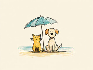 cartoon cat and dog sit side by side under a blue umbrella at the beach, sharing a peaceful moment and symbolizing friendship and harmony