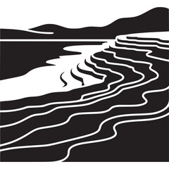 Black and white illustration of terraced landscape with water and mountains on transparent background