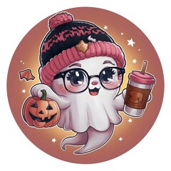halloween cute ghost with ice coffee