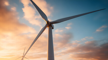wind turbine, golden hour, low angle, turbine perspective, wind energy, clean energy, renewable energy, warm sky, sunset light, silhouette turbine, turbine blades, sustainable energy, power generation