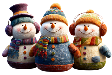 Set of 3 Cute Snowmen with Different Hats and Scarves, Front View, Isolated on Transparent Background PNG
