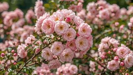 Snapshot of pink rose flowers newly opened on stems in a cultivated garden