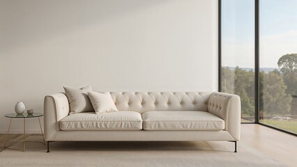 Home sitting area with soft sofa, petite table, and a view through the window