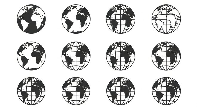 Dynamic collection of twelve globe icons showcasing continents and countries, perfect for global business and travel concepts