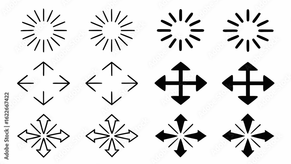 Aufkleber illustration showing a collection of different arrow and burst icons in a grid pattern on a white ba