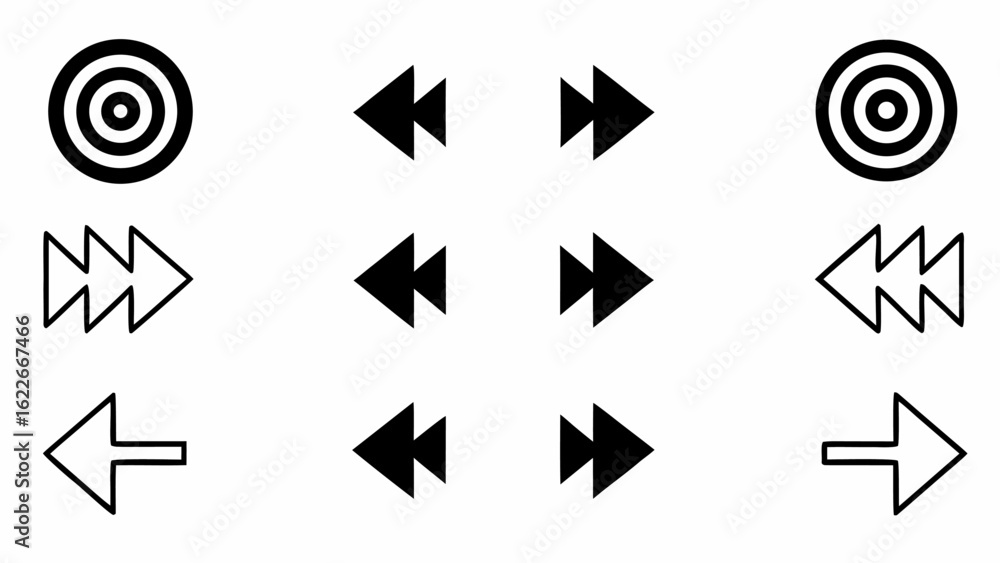 Poster illustration featuring targets and various forward and backward arrow symbols arranged neatly in row