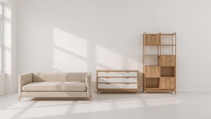 Modern home dÃ©cor highlighting a lounge sofa, drawer cabinet, and shelves.
