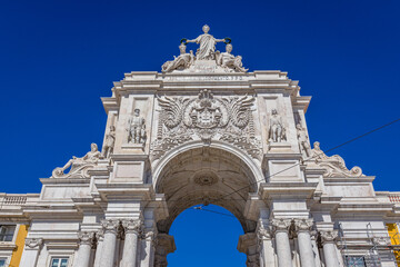 Obraz premium Close up on a triumphal arch of Rua Augusta Arch located on the Commerce Square in Lisbon city, capital of Portugal