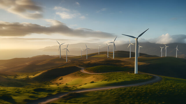 Aerial View Wind Farm Evening Golden Hour in Tenerife Spain, Multiple Wind Turbines, Onshore Wind Farm, Wind Energy, Sustainable Energy