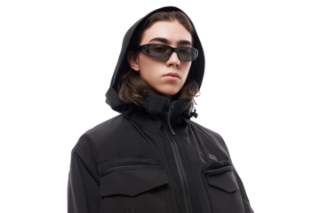 Stylish individual posing confidently in hooded jacket and sunglasses isolated on white background