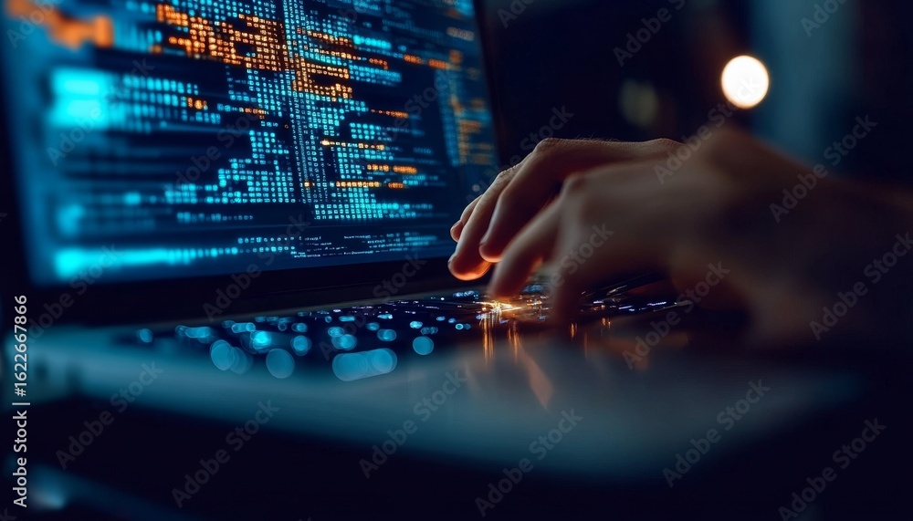 Poster cybersecurity specialist analyzing source data on laptop, focusing on technology and online services