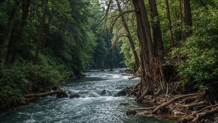 Obraz premium Watercourse Moving Through Forested Land After Rain