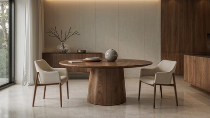 Simple dining area with a round wood table, modern chair, and chic decorative elements.