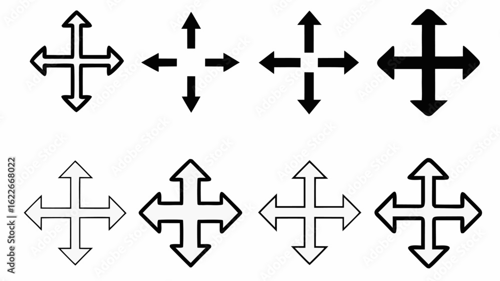 Poster illustration of eight move icons in different styles and weights arranged in two rows on a white bac