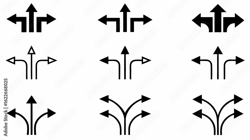 Poster collection of nine black arrow icons pointing in different directions on a white background design e