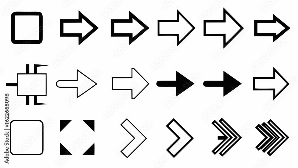 Aufkleber illustration of various arrow designs and square shapes arranged in three rows on a white background
