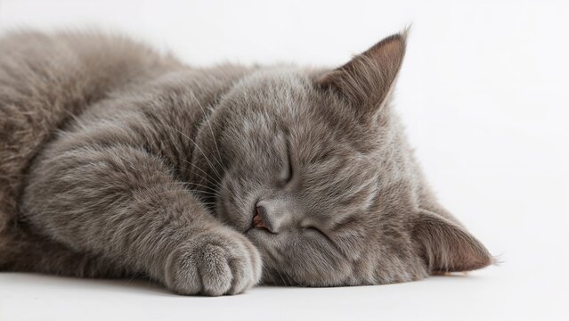 Close-up of a grey short-haired cat sleeping with white fur, isolated on a simple background - Powered by Adobe