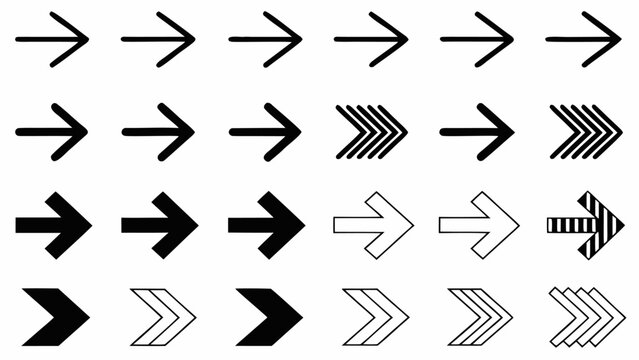 Presentation of various black and white arrow designs pointing right in multiple rows and varied styles | editable eps vectors silhouette