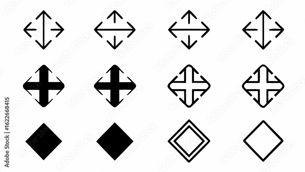 Poster various black and white icons including arrows pointing outward and diamond shapes in a grid format 