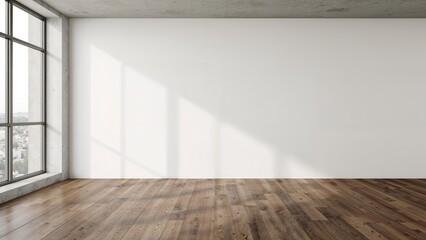 Interior scene showing a window, exposed concrete wall, and wood flooring. Concept sketch, Render