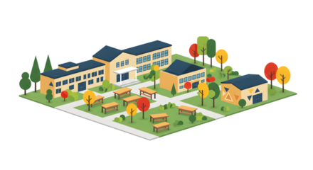 Isometric School Campus with Trees and Picnic Tables Illustration