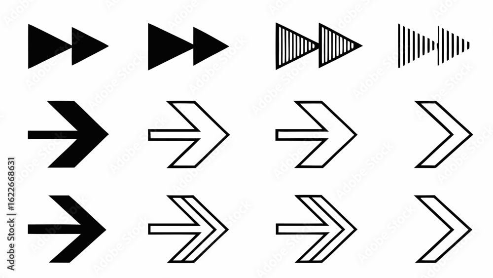 Poster collection of twelve arrow icons in various styles including solid outline and forward symbols desig
