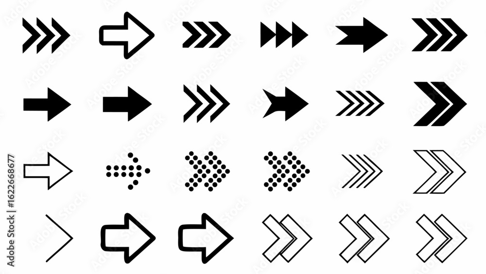 Poster collection of different arrow designs pointing right in various styles and orientations on a white b
