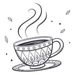 Steaming cup of coffee with decorative design and falling leaves