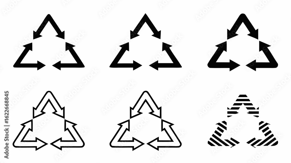 Poster six recycle symbols in different styles arranged in two rows on a white background illustration | ed