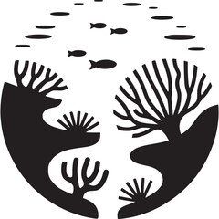 Black and white graphic of underwater scene with coral and fish on transparent background