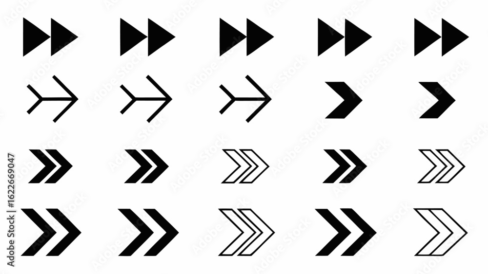 Poster collection of various arrow designs pointing right in different styles and arrangements on white bac