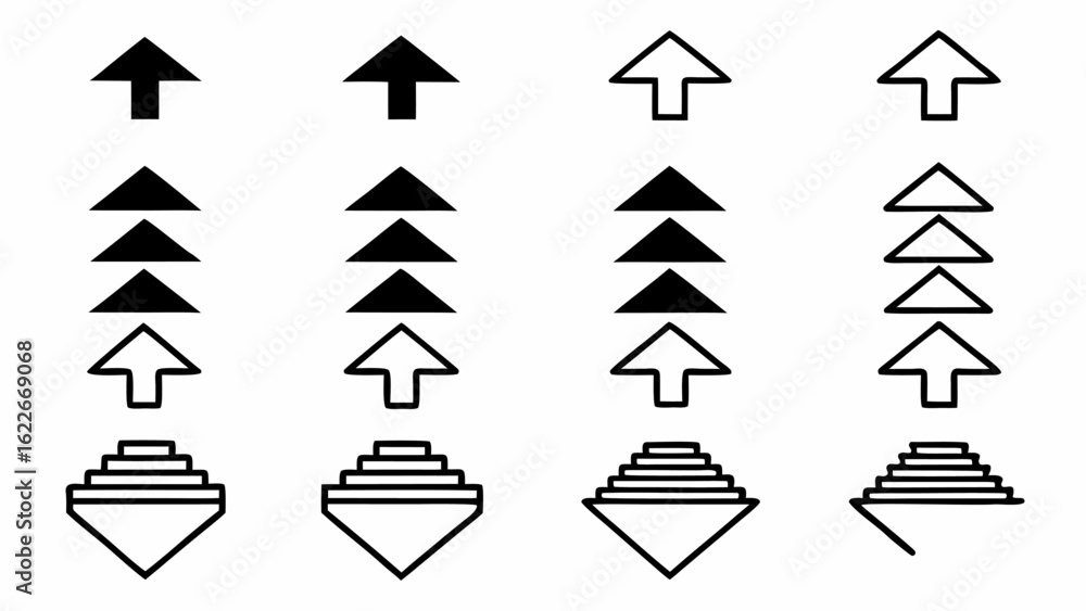 Poster illustrations of arrows pointing upwards and geometric shapes arranged in vertical columns on white 
