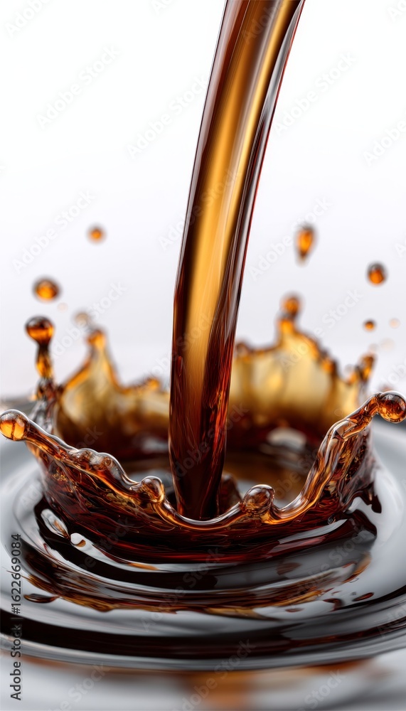 Poster close-up of hot coffee splashing in a cup, creating a vibrant scene on a white background