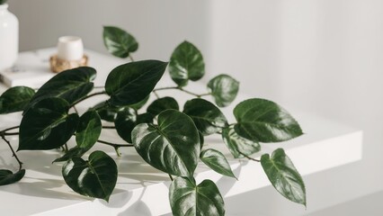 Green zamioculcas zamiifolia foliage resting on a white surface with items bordering the frame