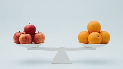 This phrase about apples and oranges explains the disparity between things that aren't comparable, depicted by two groups of these fruits balanced on a scale.