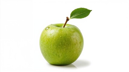 A green apple featuring a leaf and droplets of water set against a white background.