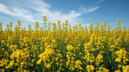 A vast field of rapeseed plants basking in warm sunlight