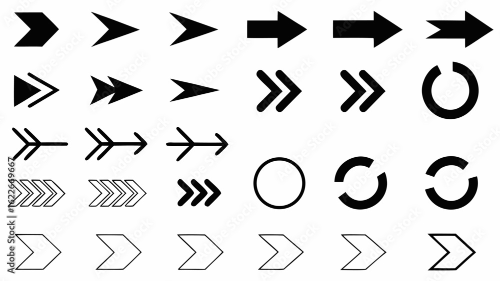 Aufkleber illustration showing various arrow designs and circle shapes in a grid pattern on a white background