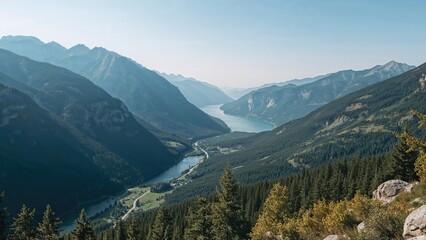 Fototapeta premium Mountainous region with an extensive lake in the foreground