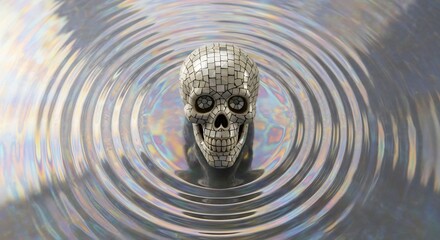Surreal skull mirror art in rippling water. Perfect for Halloween, Day of the Dead, gothic themes, conceptual art, or symbolic imagery. Eerie, reflective, unique.