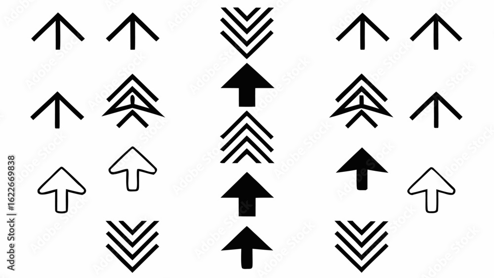 Poster arrangement of various black arrow symbols pointing up and down on a white background in a symmetric