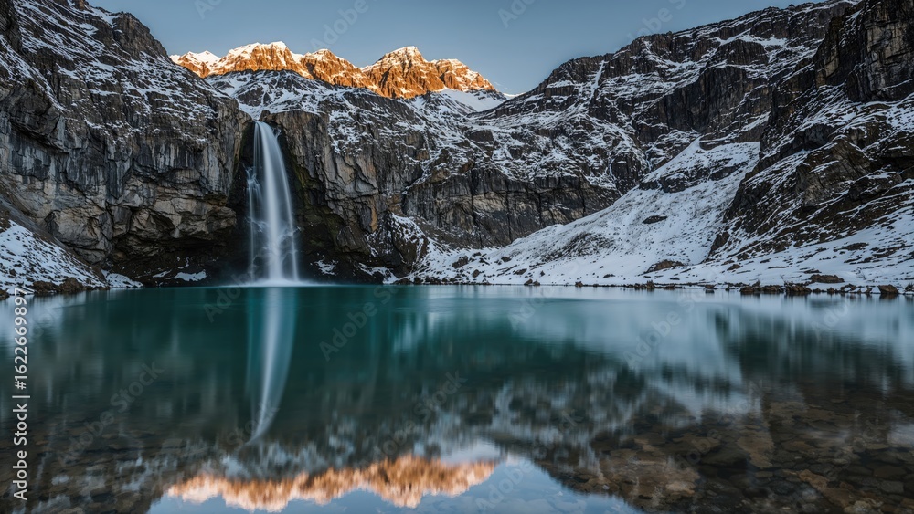 Poster slow shutter image of a waterfall falling into a small lake surrounded by dark snowy rocks in a moun
