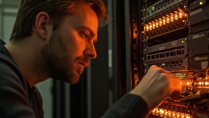 Focused IT Engineer Performs Maintenance on a Glowing Server Rack in a Modern Data Center