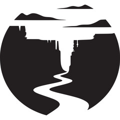 Black and white silhouette of a landscape with river and mountains in a circle on transparent background