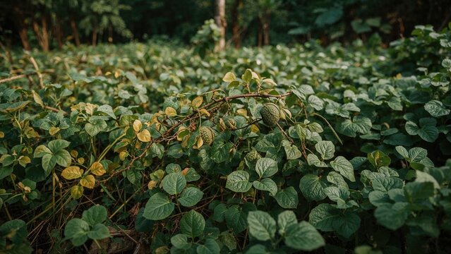 Wild Dioscorea esculenta climbing through countryside vegetation with lush leaves