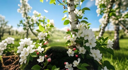 Blooming apple trees in an orchard with a clear blue sky and green grass