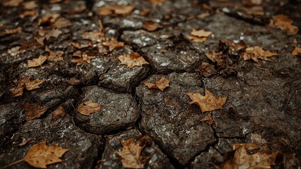 Trampled earth scattered with fallen leaves