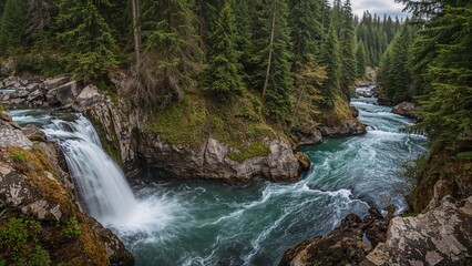 Visit a peaceful woodland area where a magnificent waterfall flows into a vibrant blue water basin