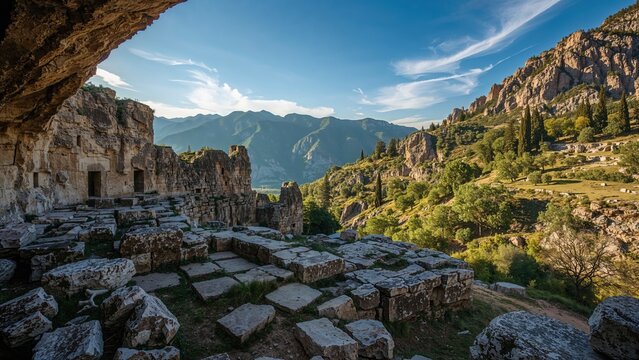 Expansive landscape adjacent to a famous cave in the Asia Minor area